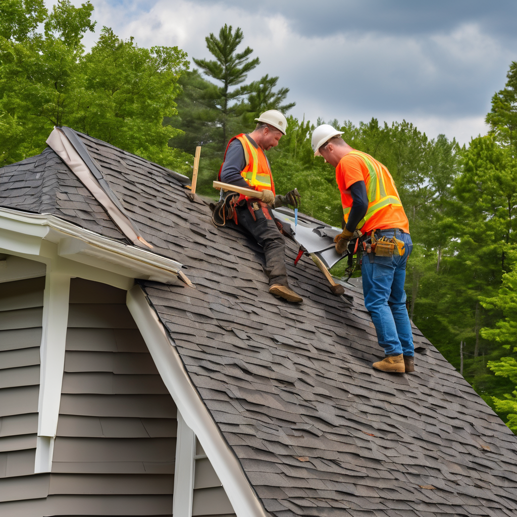 Professional roofing contractors team replacing residential roof in New Hampshire